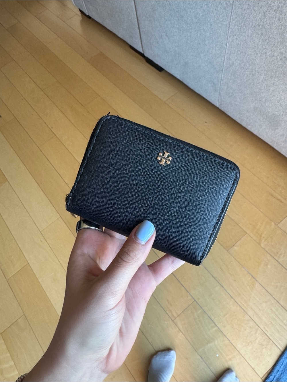 Tory Burch Black Saffiano Leather Zip Card Case with Gold Logo